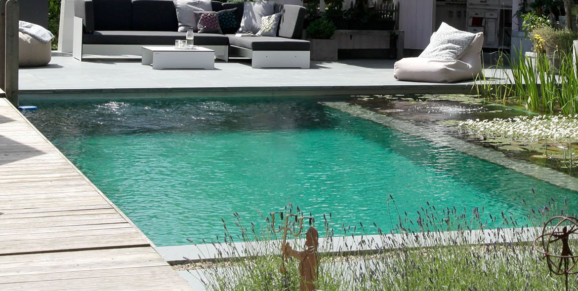 Swimming Teich mit Terrasse und Gartenlaube