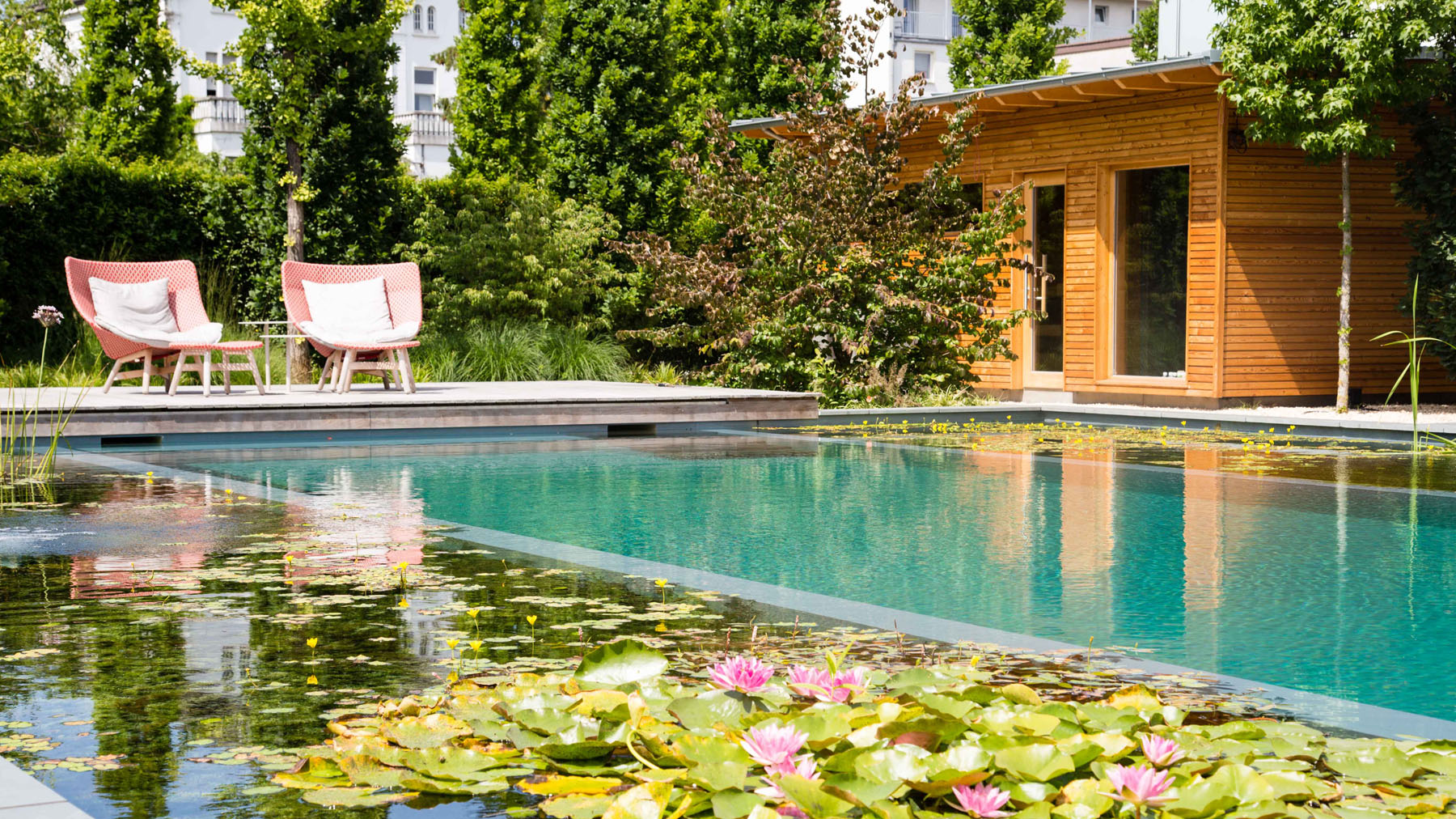 Ein Swimming Teich mit einer Terrasse aus grauen Platten. Gartenmöbel mit weißem Stoffbezug Haus im Hintergund.
